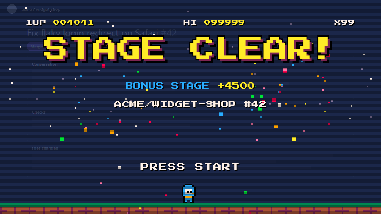 The Pixel Arcade theme playing over a GitHub profile page